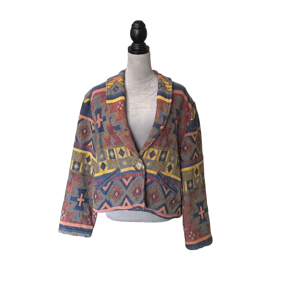 New Identity Southwestern Aztec Tribal Vibe Tapestry Jacket XL Cotton  Geometric